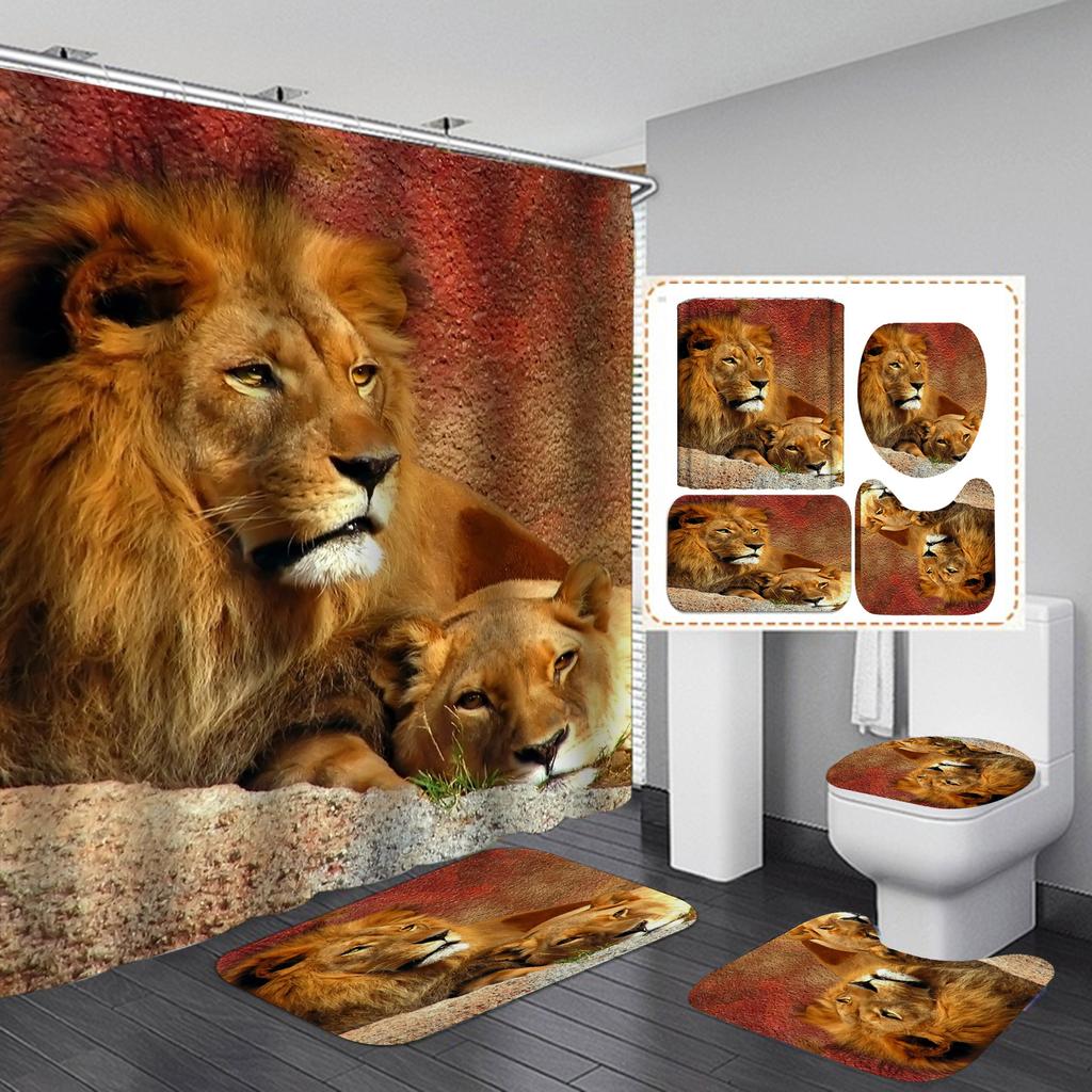 4 шт. наборы занавесок для душа серии Lion для ванной комнаты, нескользящие коврики для ванной комнаты, крышка для унитаза, коврик для ванной