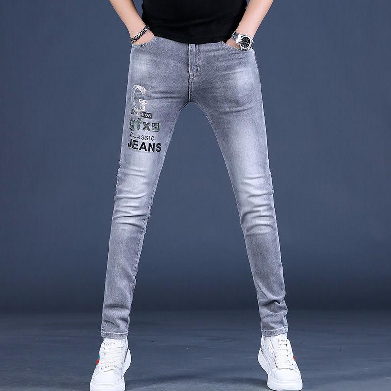 Летние высококачественные мужские джинсы с принтом и принтом, мужские тонкие брюки с небольшими отверстиями для ног, модные брюки