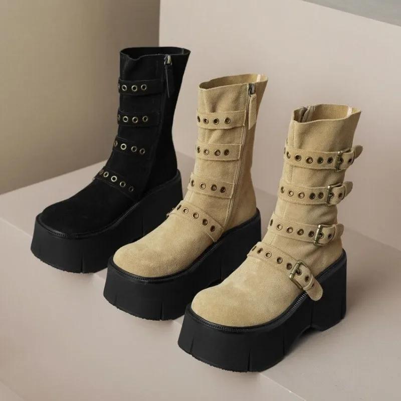 Женская обувь Новая конструкция с пряжкой-булавкой Женские ботинки Удобная танкетка Платформа Готическая обувь Зимние стильные ботильоны на молнии