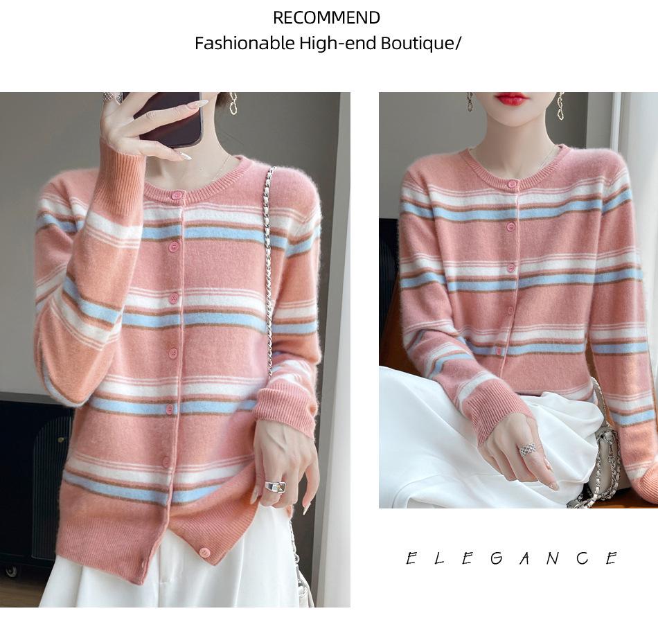 100% Wool Stripe Knit Cardigan - Autumn Academy Style Long Sleeve Sweater.