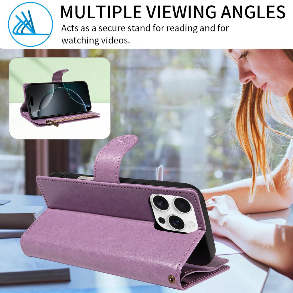 Многофункциональный чехол из искусственной кожи с тиснением и застежкой-молнией для iPhone 16e 16 15 14 13 12 11 с функциями флип, слот для карт, кошелек, держатель