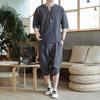 Men's Japanese Retro Short-Sleeved Cotton Linen Two-Piece Suit with Loose Cropped Trousers