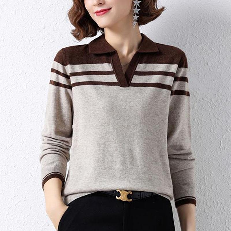 New Autumn Fashion Loose Versatile Polo Collar Panel Contrast Color Temperament Women's Knitted Long Sleeve Sweater