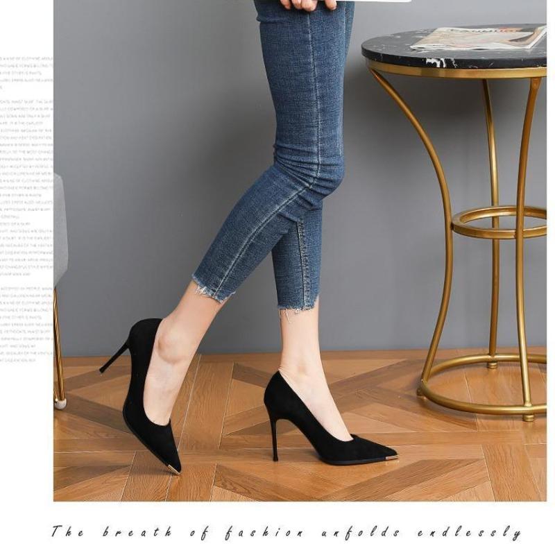 Женские замшевые модные и универсальные весенние банкетные туфли на тонком каблуке с острым носком на высоком каблуке.