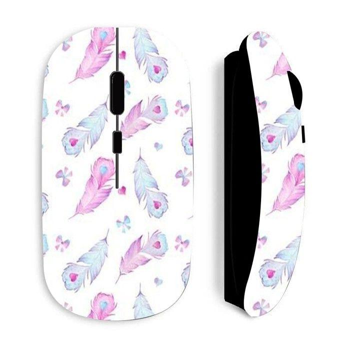 Souris sans fil - MANIACASE - Noir - Plumes et coeurs rose et bleu - 2 piles AA - Optique