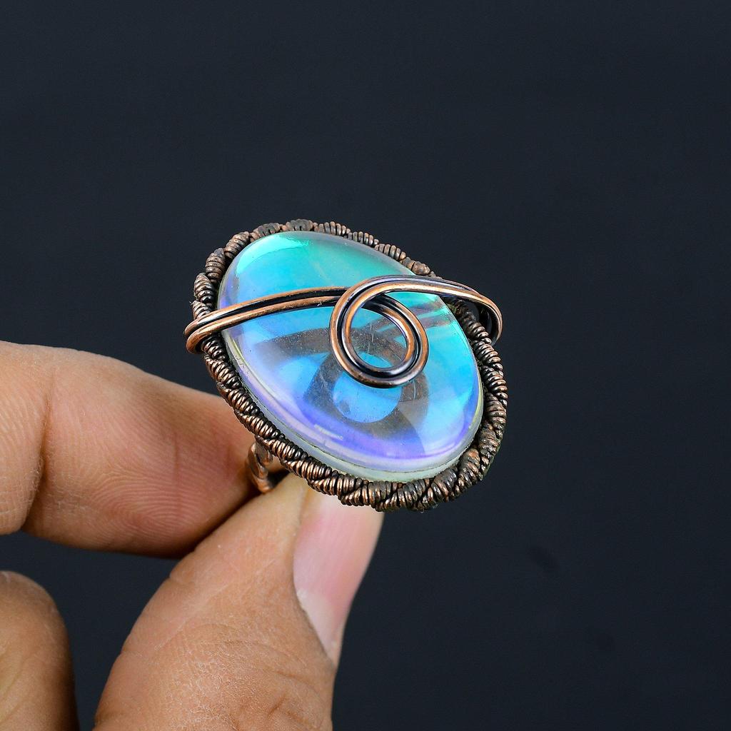 Mystic Topaz Gemstone Copper Wire Wrapped Handmade Jewelry Ring For Gift