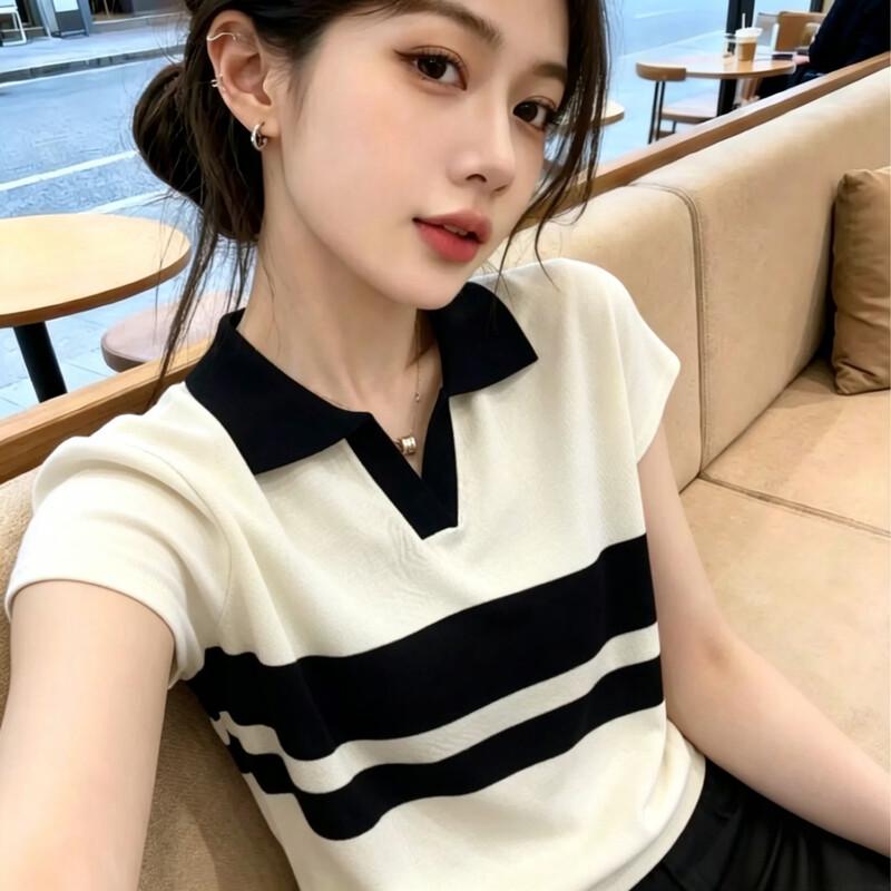 La Chapelle Women's Summer Slim-Fit Striped Polo Knit Top