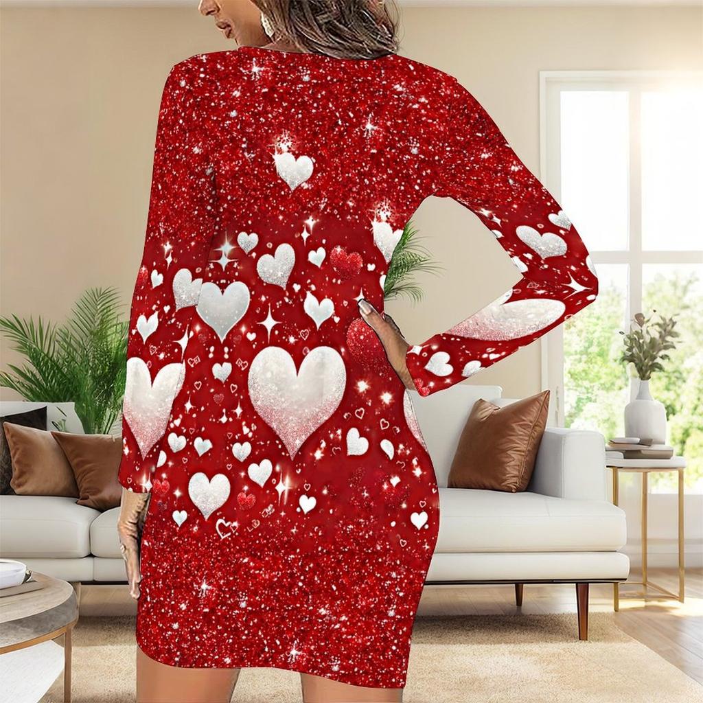 2025 Осень и Зима Новое 3D Принт с Любовным Узором и Окрашивание Женская Мода Платье с Длинным Рукавом и Круглым Вырезом, Облегающее Бедра Ограниченная Серия ко Дню Святого Валентина
