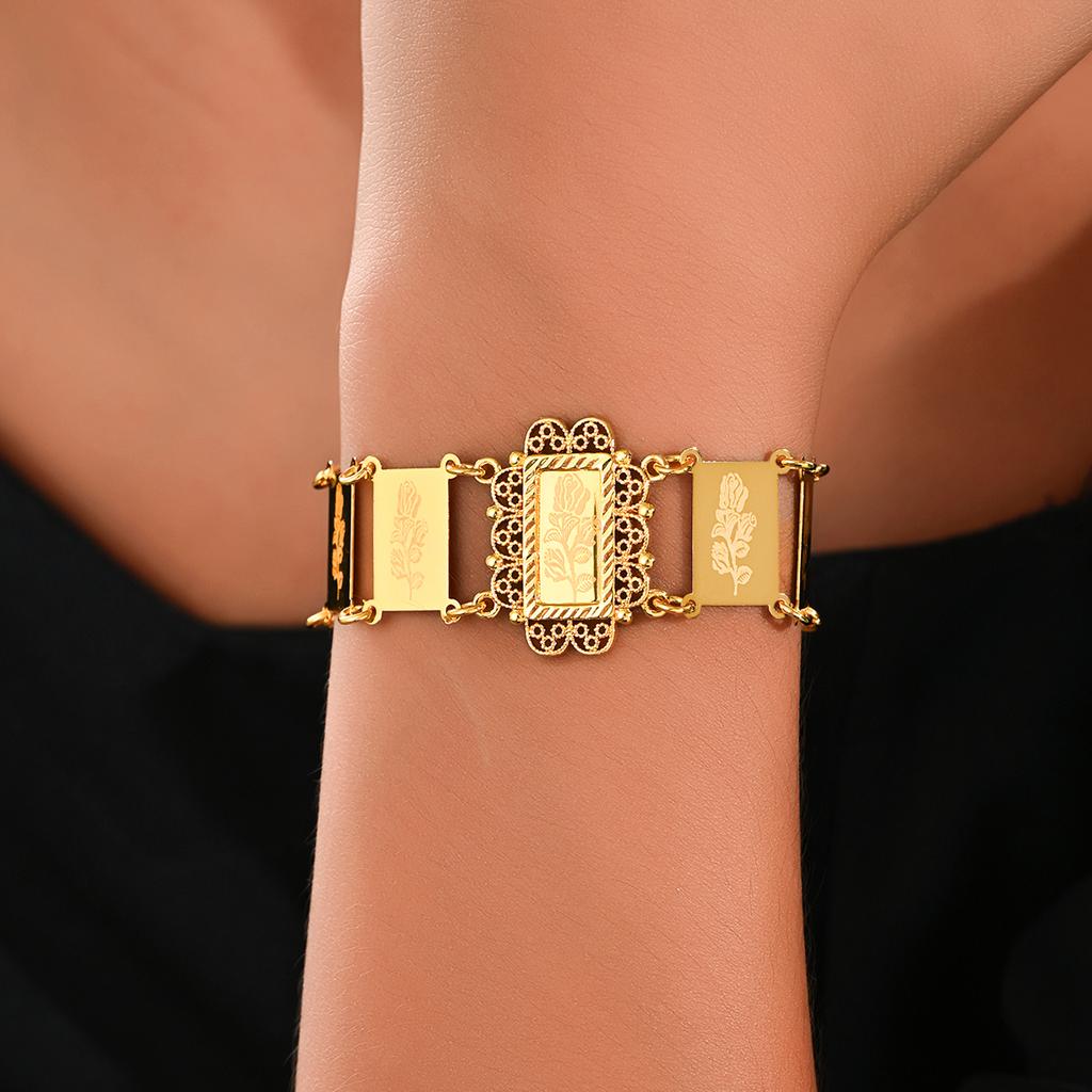 Dubai Gold Plated Bracelet Women Middle East Floral Engraved Plaque Linked Jewelry Bridal Waterproof Non Fading