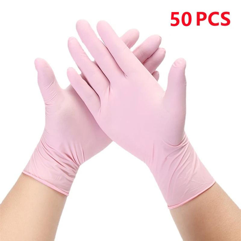 Розовые нитриловые перчатки, одноразовые, 50 шт., латексные перчатки без пудры для женщин, перчатки для домашней уборки, сада, работы, салона, кухни