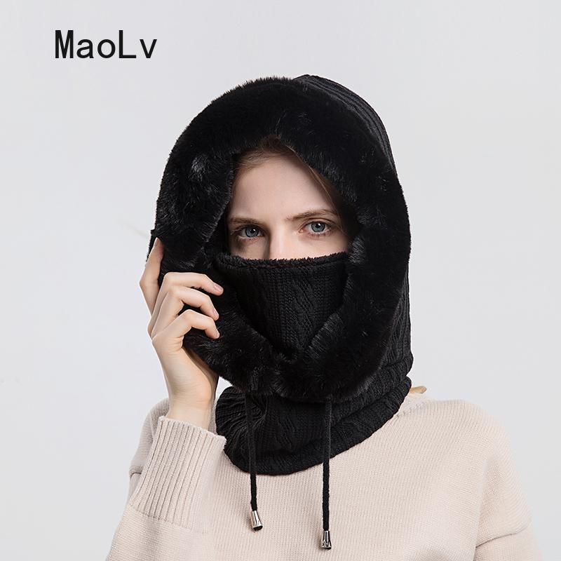 Hat Soft Winter Fur Cap Mask Set Hooded for Women Knitted Cashmere Neck Warm Balaclava Bicycle Hat Thick Plush Fluffy Ski Windproof Hat