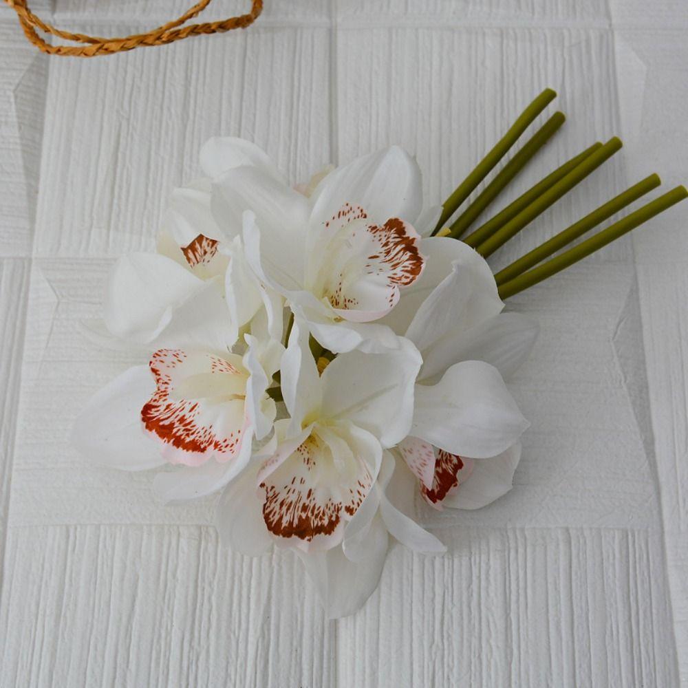 6 Heads Artificial Cymbidium Flowers Real Touch Magnolia Branch Birthday Decor