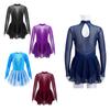 Kids Girls Long Sleeve Shiny Rhinestone Mesh Splice Figure Ice Skating Dress Ballet Dancewear
