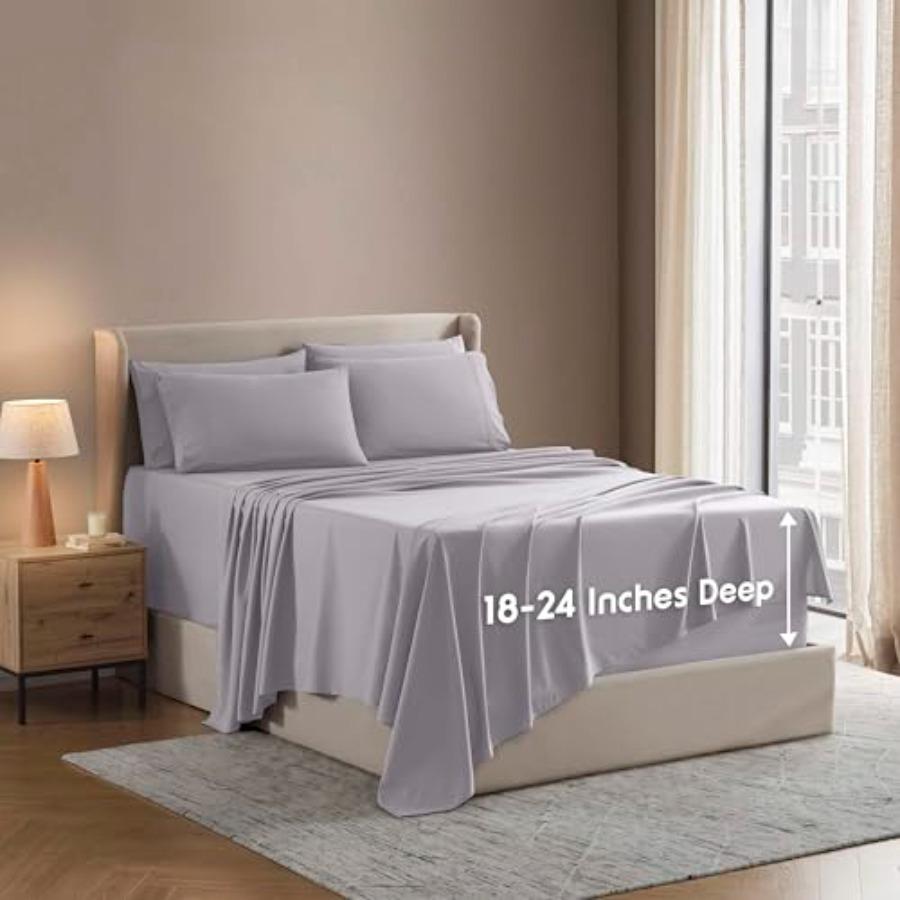 Extra Deep Sheet Set 6 Pcs Breathable Cooling Sheets Hotel Luxury Bedding Set w/ Inch Deep Pockets Easy Secure Fit Super Soft,