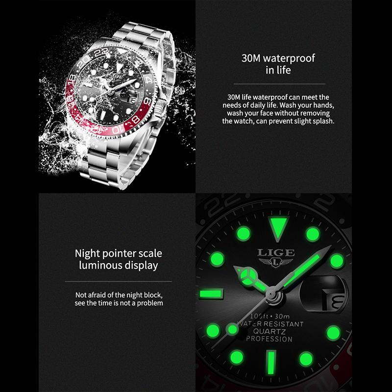 LIGE Fashion Men Watch Top Brand Luxury Stainless Steel Watches Waterproof Luminous Quartz Wristwatch