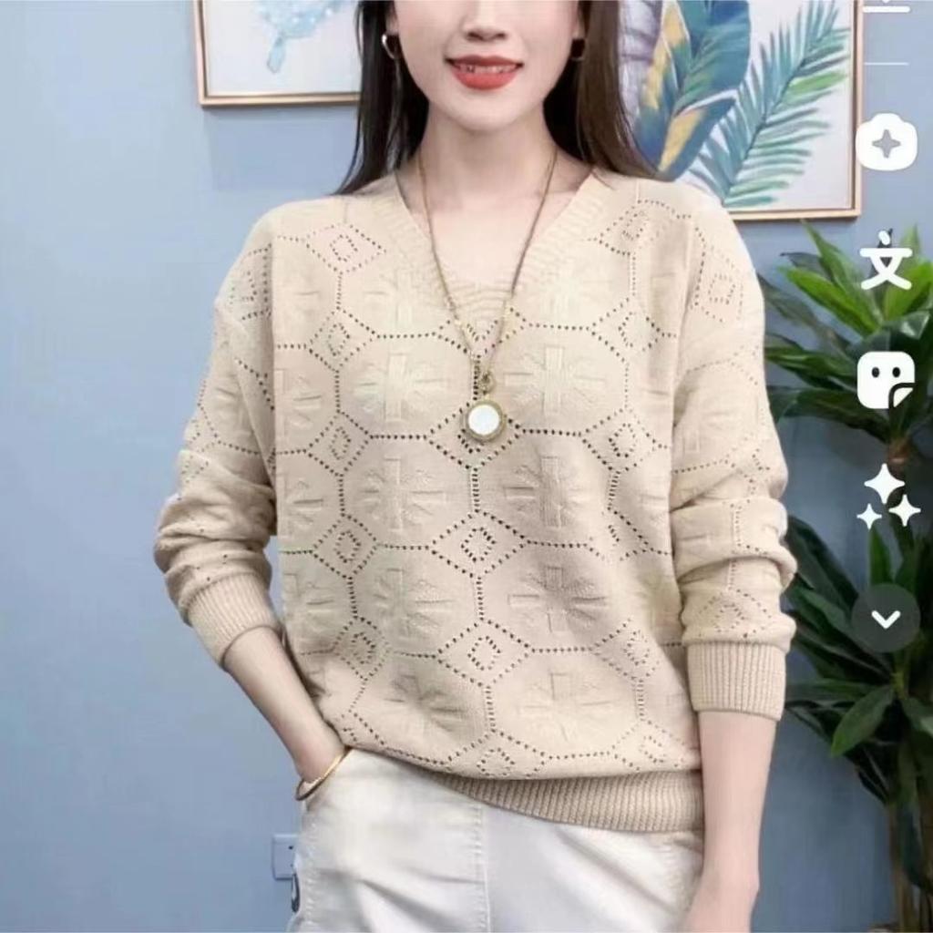Spring and Autumn New Sweater Knitwear Hollow V-neck Versatile Fashion Loose Bottom T-shirt Small Shirt Women's Casual Solid Color