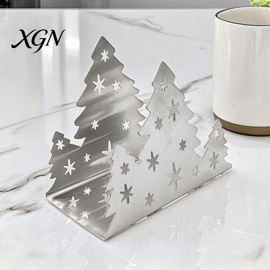Festive Napkin Organizer Christmas Tree Holder, Stainless Steel Vertical Paper Towel Stand, Modern Metal Tray Decorative Dispenser for Holiday
