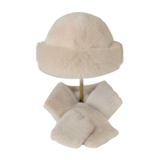 Winter Fuzzy Hat Scarf Set for Women Faux Fur Collar Wrap Scarf Thickened Plush Warm Cap for Cold Weather