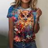 Summer Round Neck Owl Pattern Printed Top Fashionable Casual Cute Short Sleeved Women's T-shirts