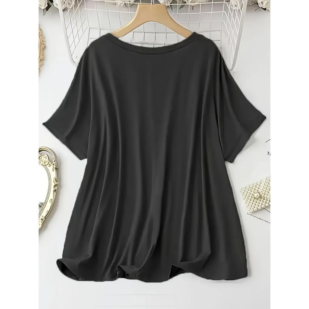 V-neck short-sleeved T-shirt for women, Christmas reindeer, Christmas hat, printed loose top, casual and versatile