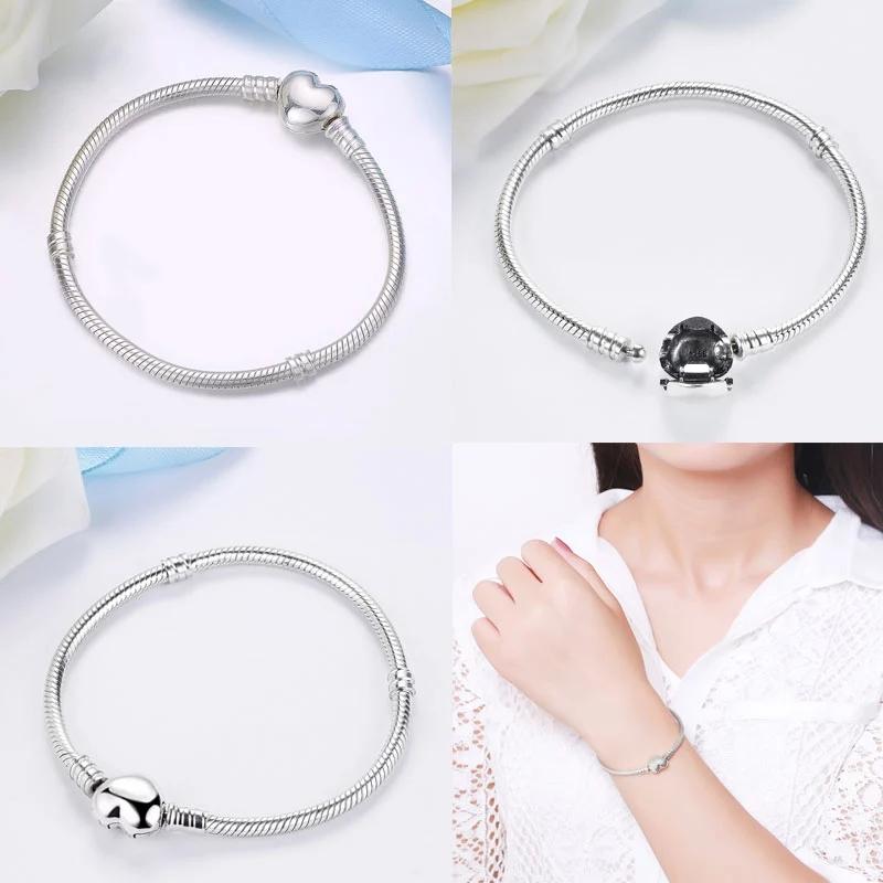 925 Sterling Silver Snake Chain Bracelet for Women Heart Cubic Zirconia Charms Bangle Rose Gold Plated DIY Fashion Jewelry Gift