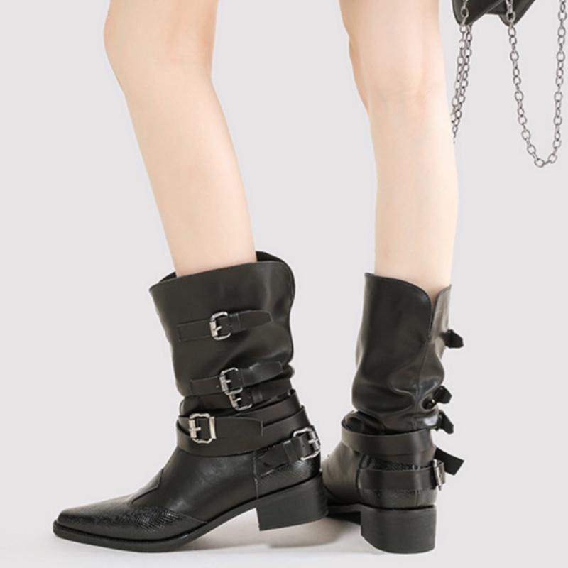 Fashion Fashionable Buckle Strap Boots 2025 Autumn Winter Versatile British Style Women's Boots Street Style Cowgirl Mid Heel Boots