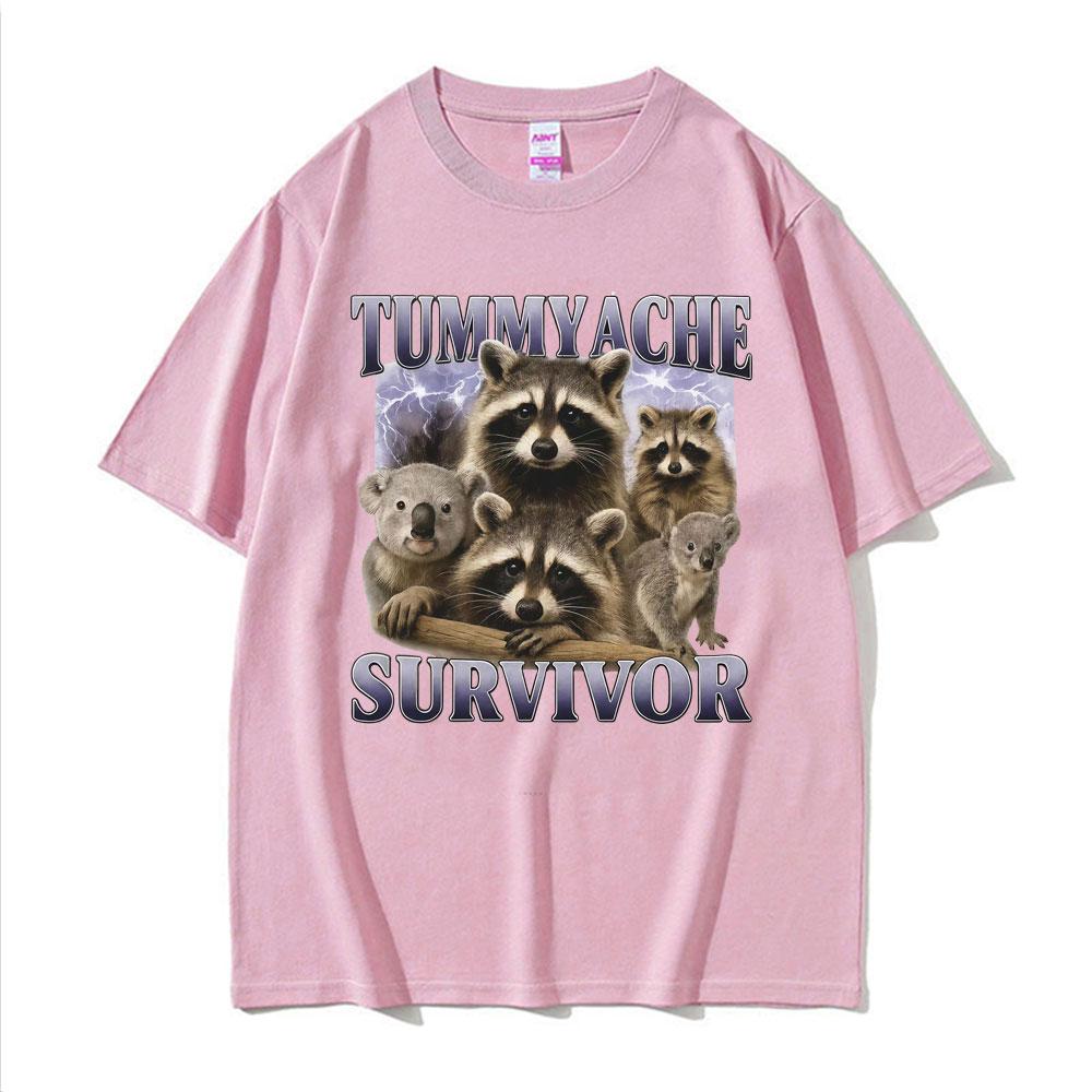 Tummy Ache Survivor Funny Raccoon Meme T Shirts Unisex Women Trendy Trend Vintage Graphic Tee Shirt Retro Short Sleeve Tshirt Tops