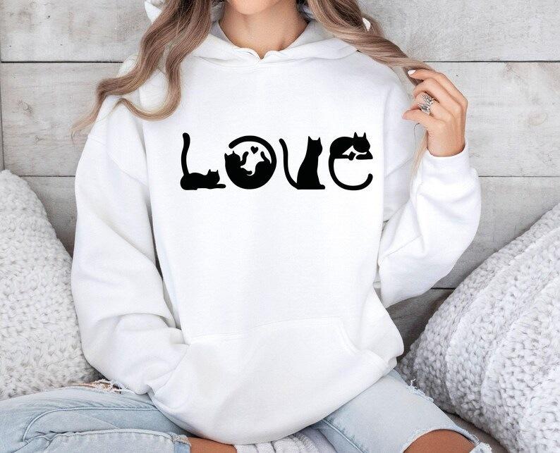Autumn And Winter Love Cat Pattern, Printed Long-Sleeved Top Trendy Fashion Women'S Hooded Sweater