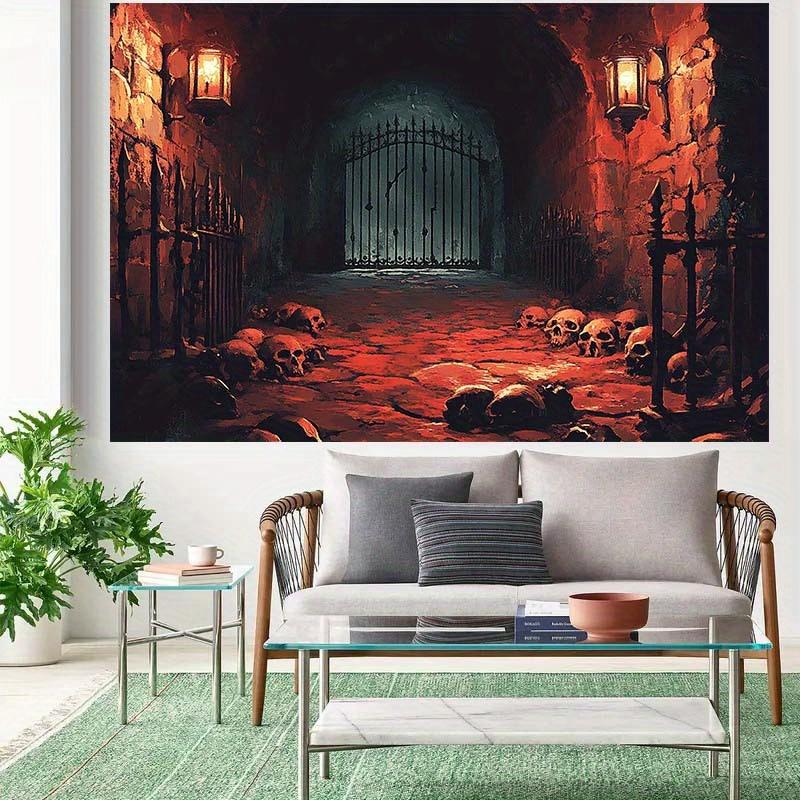 1 piece of Gothic dungeon background fabric - skull lantern and doorway design Halloween horror themed decoration