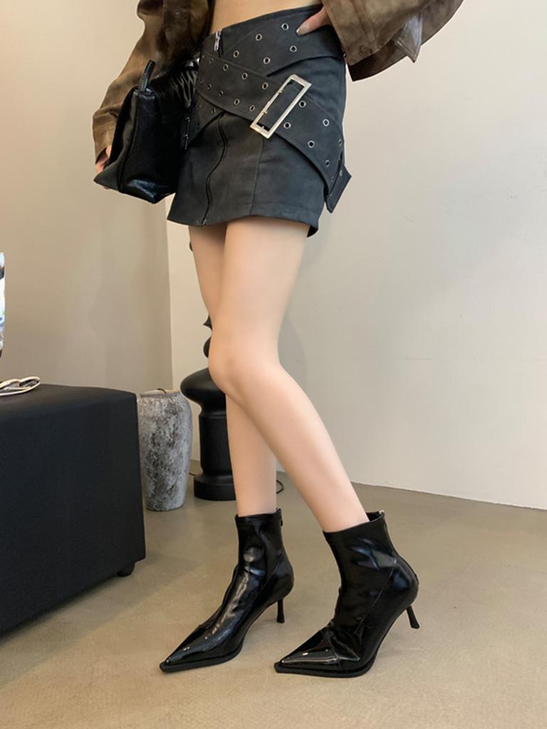 Мода Черный Серебристый Коричневый Женские Ботильоны Острый Носок Короткие Носки Ботильоны Тонкий Высокий Каблук Молния Сзади Однотонные Модные Туфли