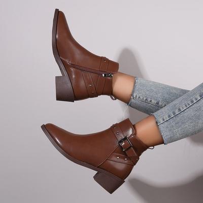 Ботильоны женские толстые высокие каблуки с острым носком и пряжкой украшения женские короткие сапоги осень и зима ретро женские сапоги на молнии