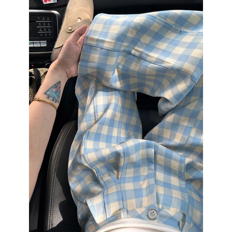 Blue Plaid Pants for Women, New Summer Style for Plus-Size Girls, Pear-Shaped Body, High-Waisted, Drapey, Slimming Wide-Leg Casual Pants