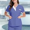 Nurse Uniform Scrubs Tops Women V-neck Short Sleeve Pockets Pullover Uniforms Patchwork Color Nursing Working Tops