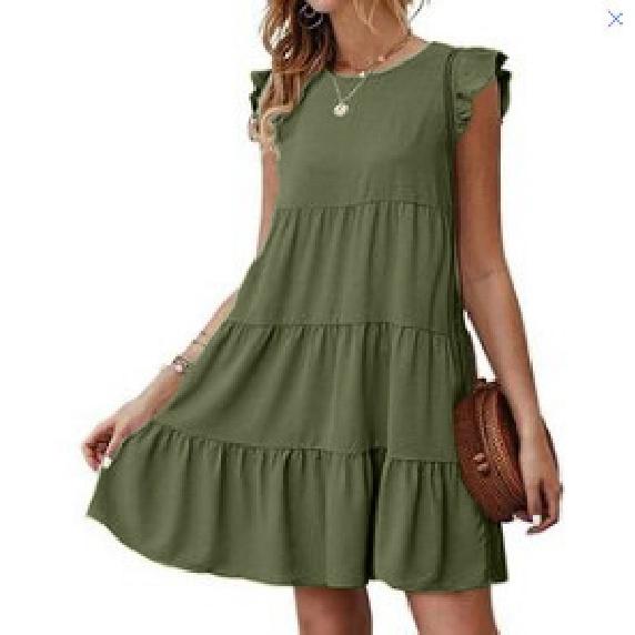 Лето 2023, женская одежда, новое платье, однотонное, с круглым вырезом и короткими рукавами, повседневное платье для торта, плиссированные качели