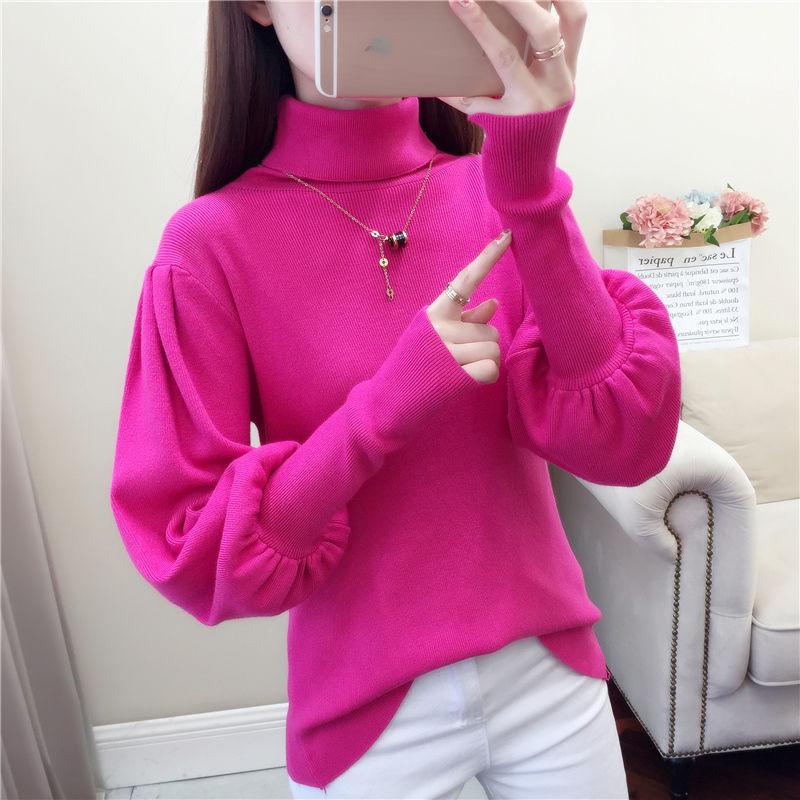 Женский пуловер с высоким воротником, свитер, теплый зимний свободный вязаный джемпер с рукавами-фонариками больших размеров