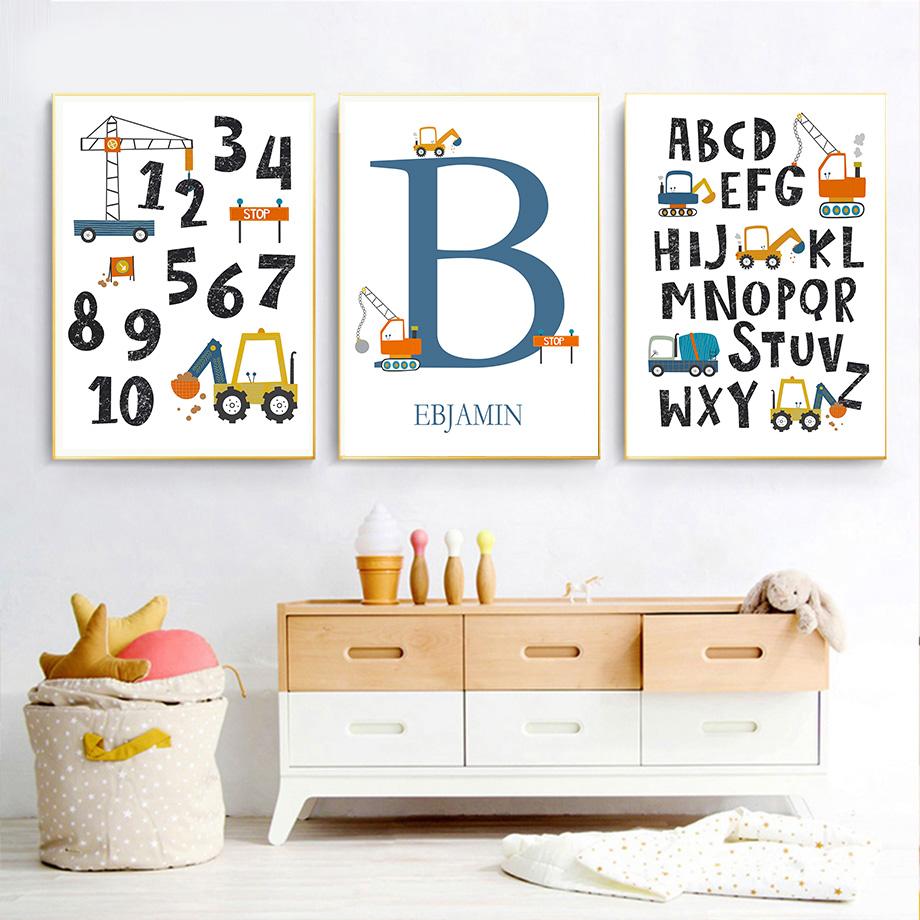 Экскаватор-кран, грузовик, алфавит, номер, имя, на заказ, настенное искусство, холст, живопись, постеры и принты, фотографии для декора детской комнаты