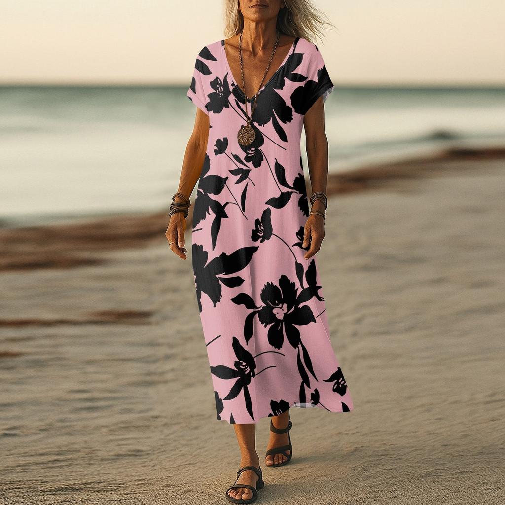 Летнее платье Женское длинное платье бохо для пляжа Элегантное платье макси V-образный вырез Короткий рукав Летнее платье-туника Легкое воздушное