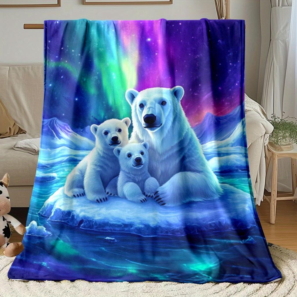 Polar Bear in the Northern Lights Pattern Flannel Blanket - Bed, Sofa, Office, Travel, Gift, Decoration, Chair, Comfortable