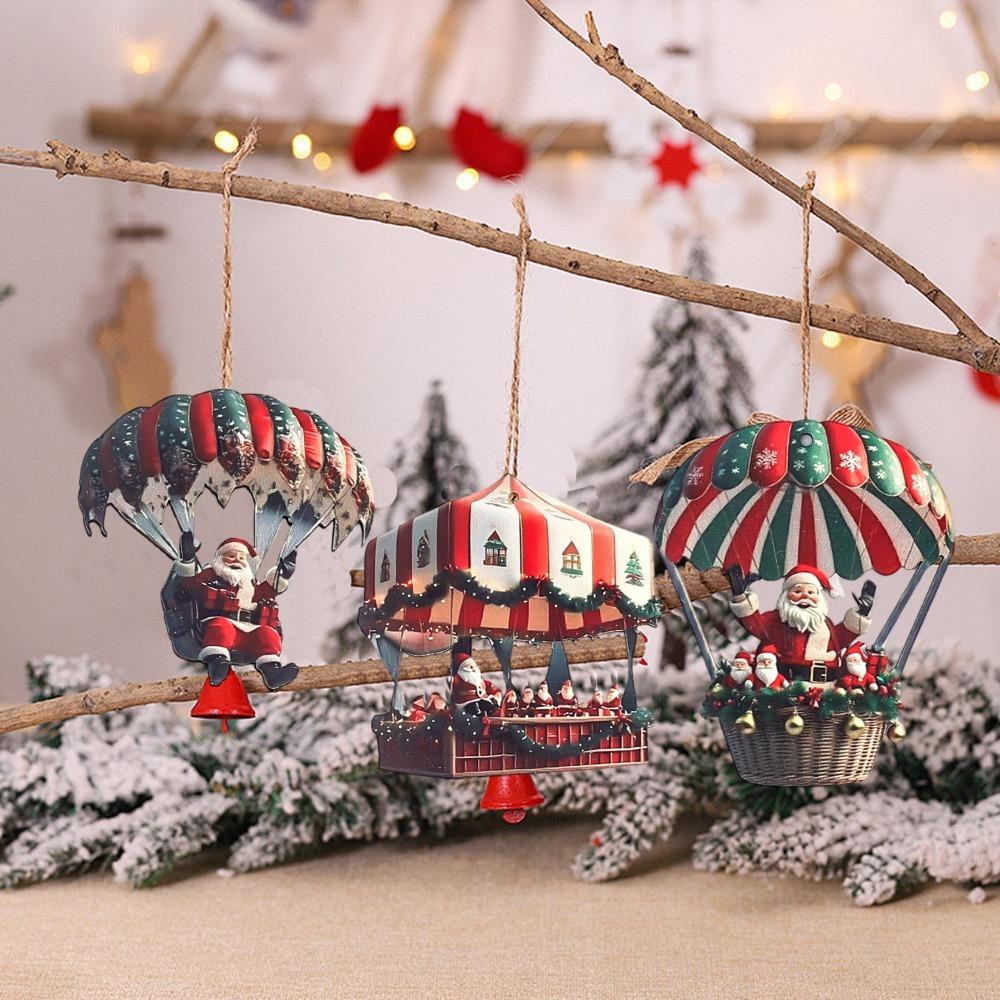 10PCS Santa Claus Parachute Wooden Pendant Christmas 2D Flat Wooden Ornaments Christmas Tree Decoration Perfect New Year Gift