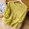 Women Shirt Round Neck Half Sleeve Embroidery Flower Pattern Tops Solid Color Thin Retro