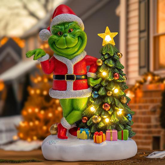 Christmas Statue with LED Lights Handmade Resin Sculpture Battery-Powered Festive Figurine for Patio Balcony Yard Housewarming Gift