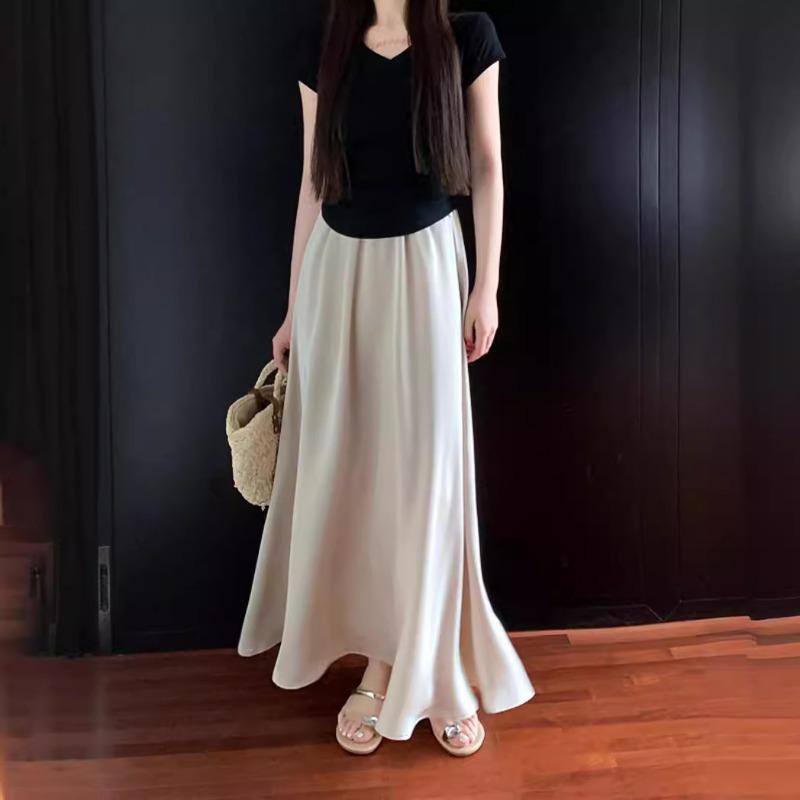 DX~~ Простой темперамент весной и летом, атласная юбка с драпировкой, высокая талия и узкая юбка.