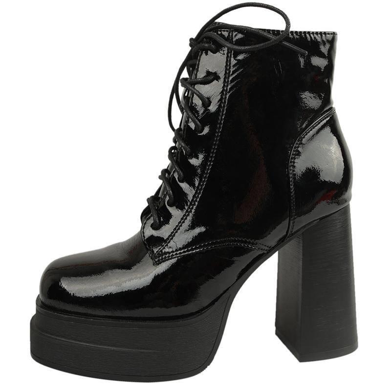 Модные высококачественные черные ботинки на толстом каблуке, женские кожаные ботинки на платформе и высоком каблуке, женские ботинки на шнуровке, с застежкой-молнией, квадратные ботильоны Botas