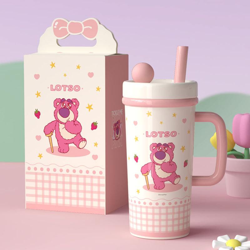 Large capacity cartoon animal mug with lid straw cup gift box water cup high value portable box set gift