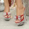 Summer Sexy Peep Toe Crystal Bowknot Women Slippers Stiletto Heels Stripper Sandals Platform Slide Shoes
