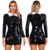 Womens Glossy Mini Dress Patent Leather Long Sleeve Bodycon Punk Clubwear with Satin Collar