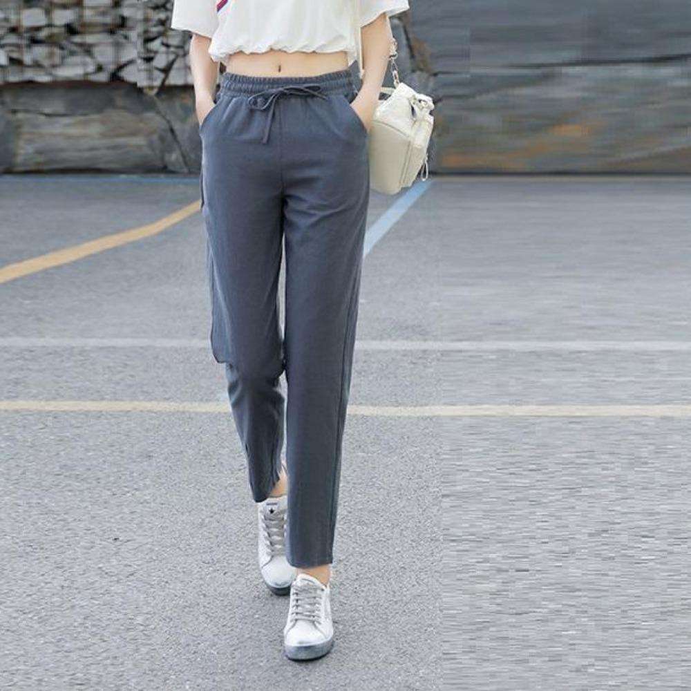 Женские однотонные брюки до щиколотки с эластичной резинкой на талии, весенне-летние женские брюки с карманами из чистого хлопка