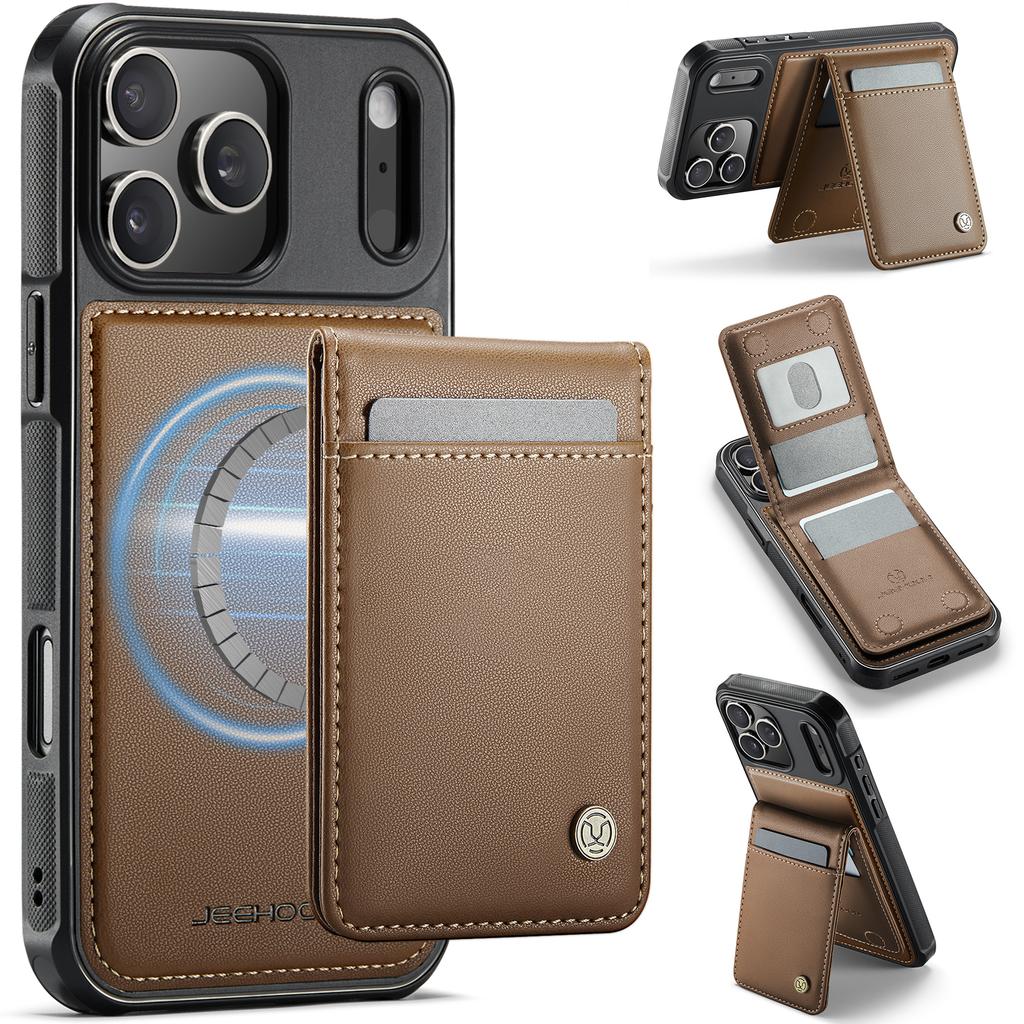 For iPhone 17 Pro Leather Back Cover JEEHOOD J06 Magnetic Phone Case with Card Bag RFID Blocking