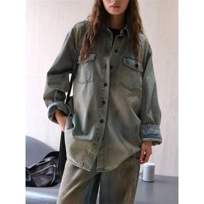 Осенняя потертая рубашка в стиле ковбоя старого синего цвета, женская свободная повседневная однобортная джинсовая куртка