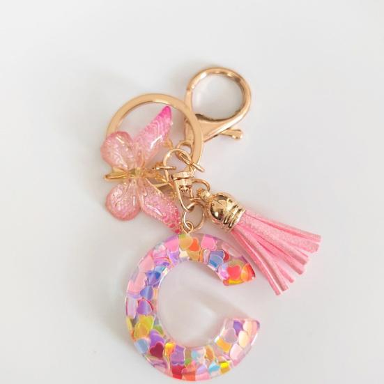 Epoxy Resin English Alphabet Keychain Heart-Shaped Sequins Butterflies Tassel Alphabet Keyring Initial Lettering Key Chain Mug Accessory